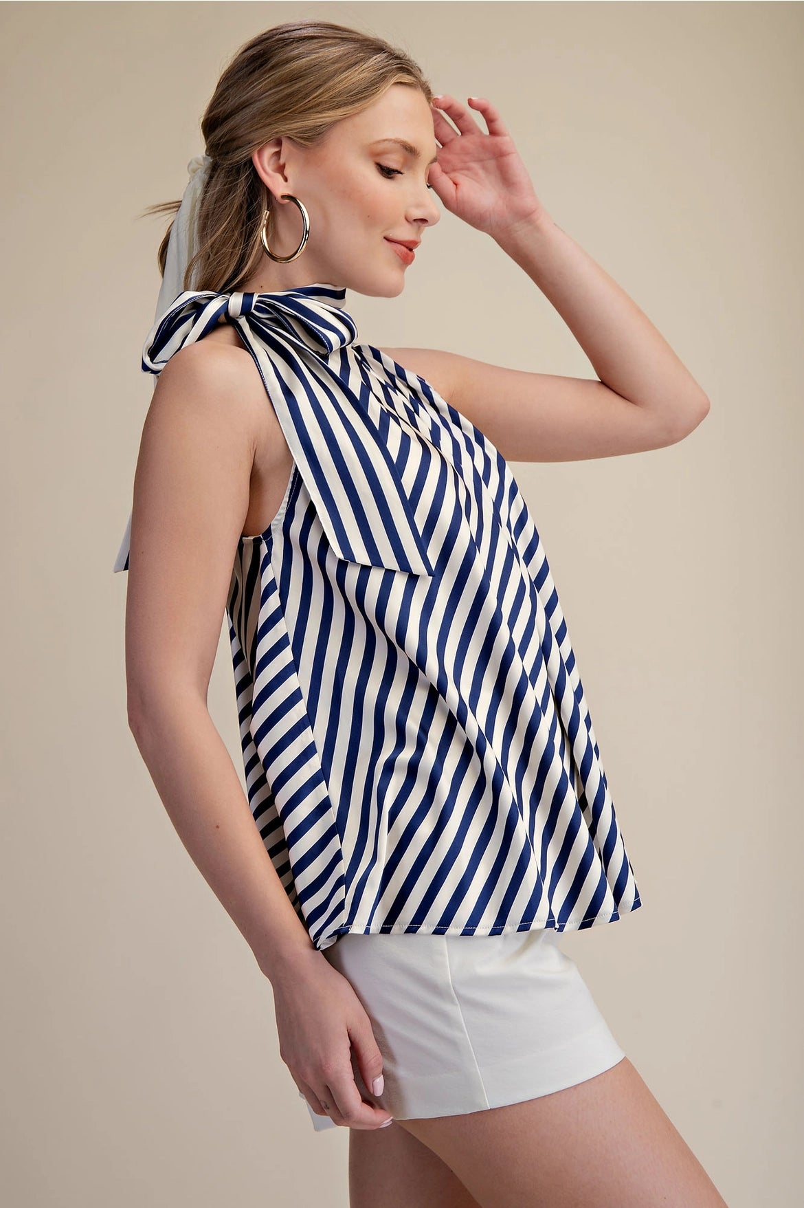 High Collar Tie Neck Stripe Top Navy