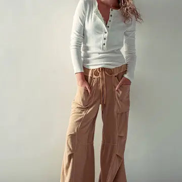 Ribbed Henley Long Sleeve Top Ivory