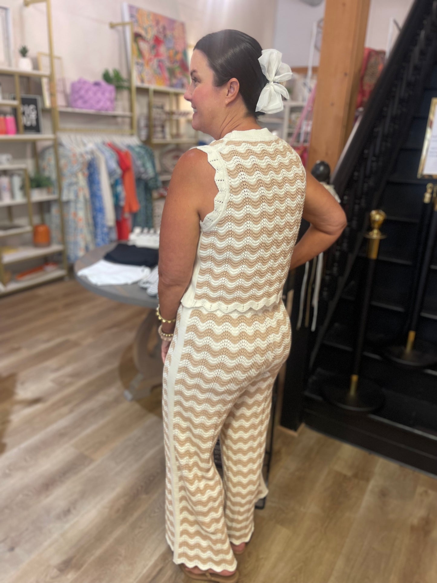 Crochet Knitted Pant Set Tan