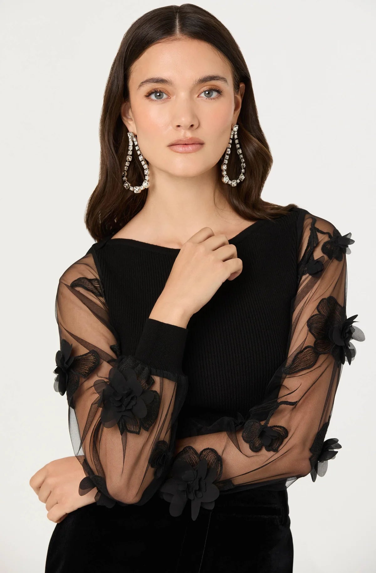 ASTR Meagan Floral Applique Sweater Black