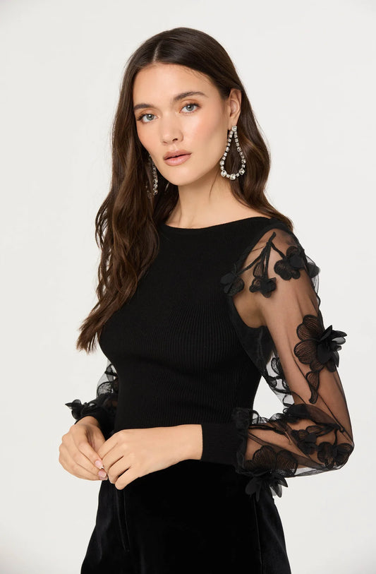 ASTR Meagan Floral Applique Sweater Black