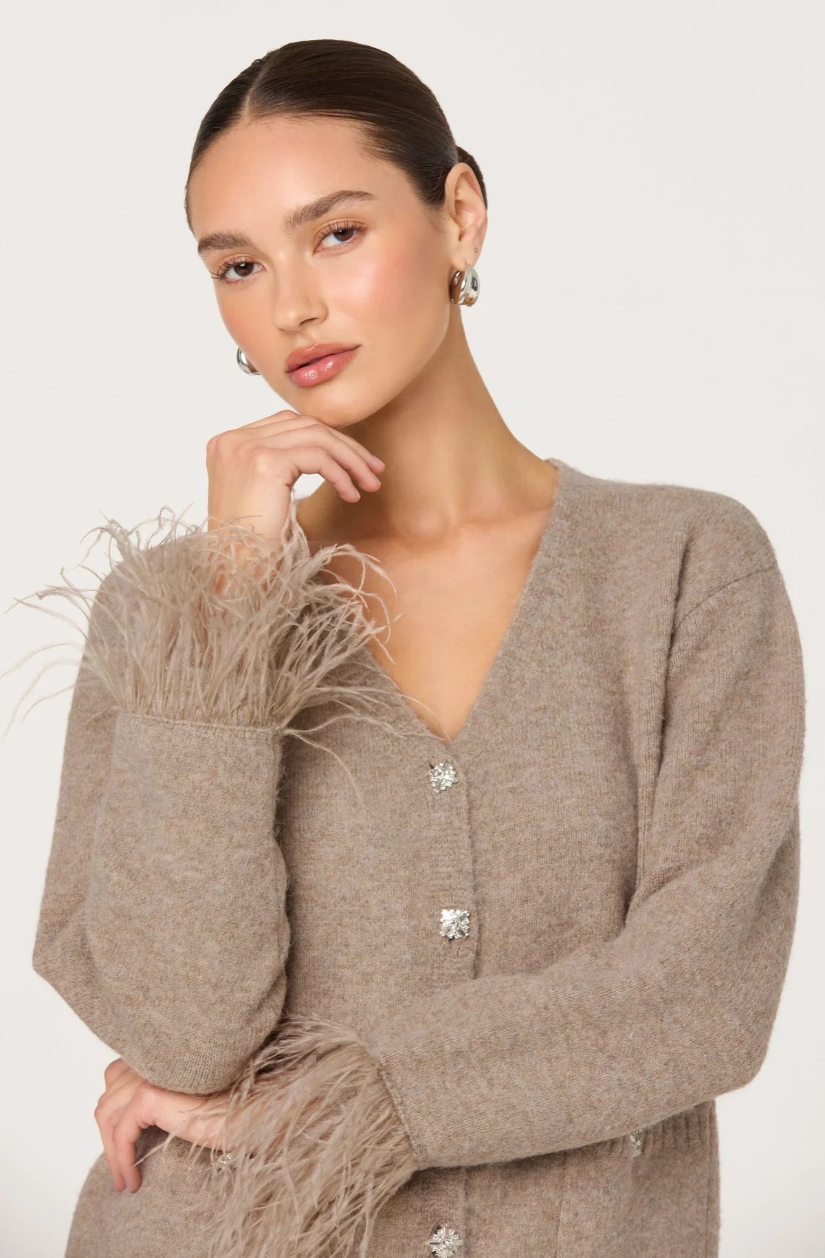 ASTR Grie Embellished Feather Trim Cardigan