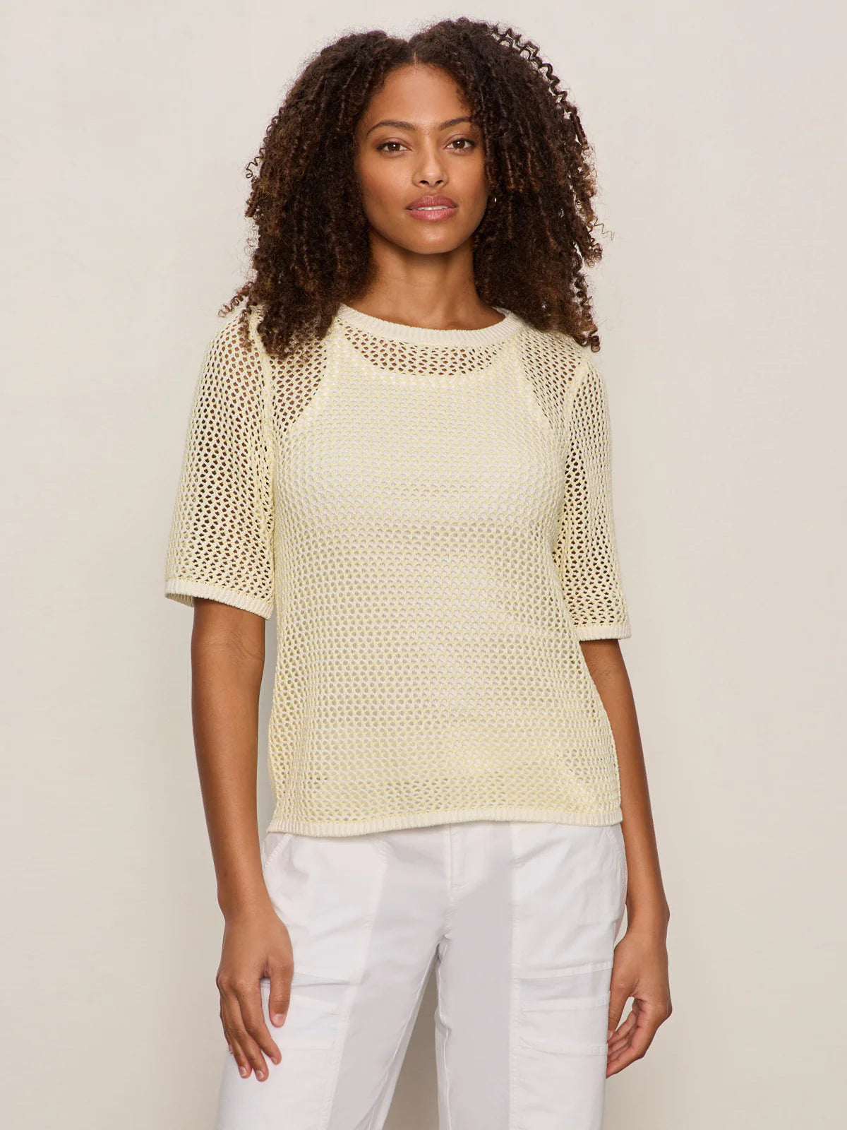 Open Knit Sweater Tee Lemon Drop/Chalk