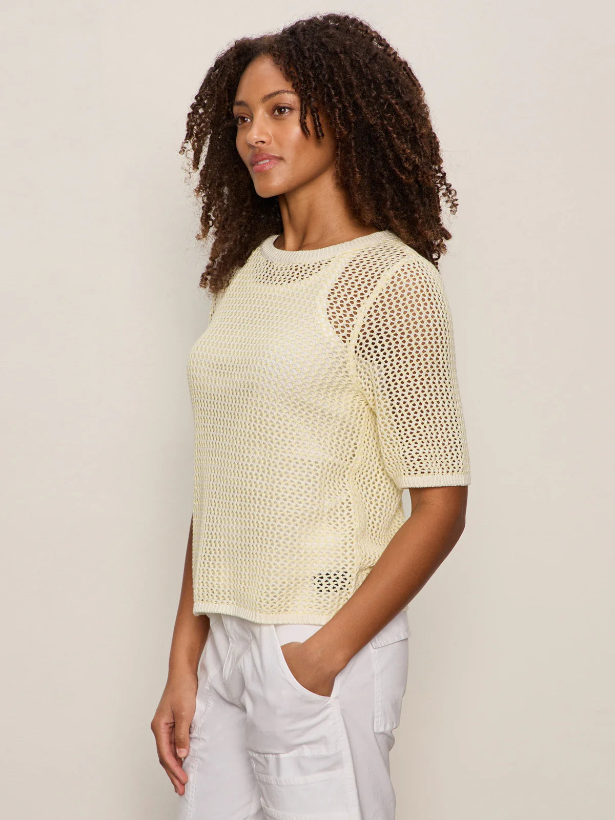 Open Knit Sweater Tee Lemon Drop/Chalk