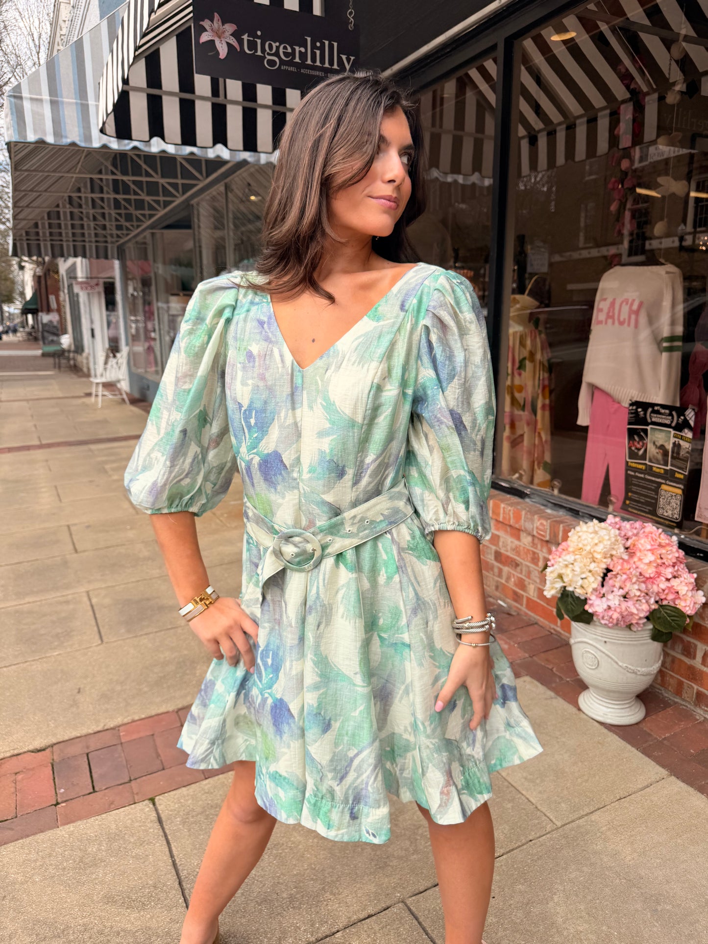 Turquoise Floral Belted Dress
