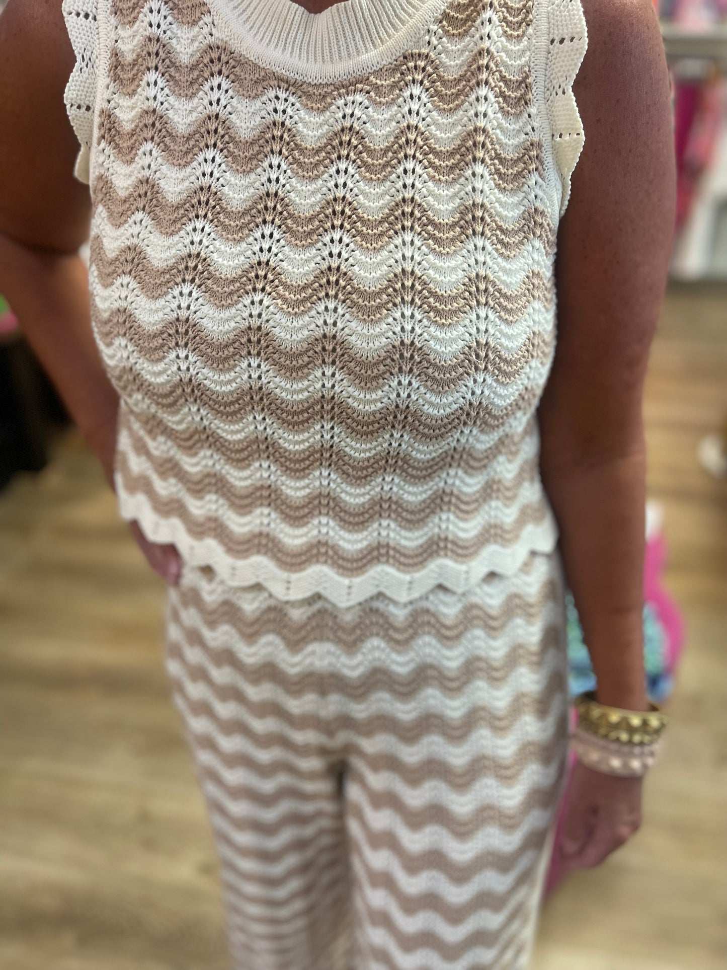 Crochet Knitted Pant Set Tan