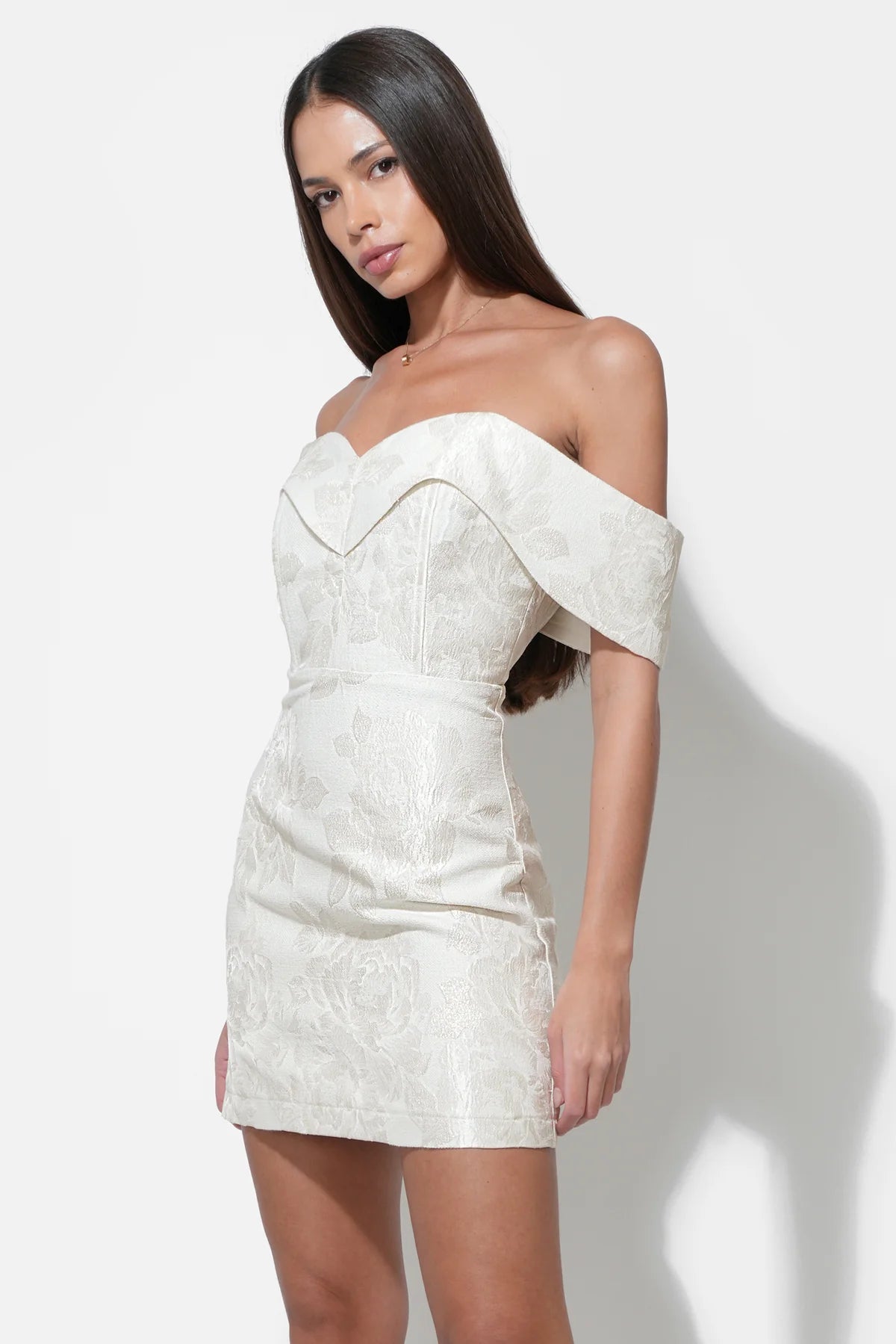 Alice Off Shoulder Jacquard Mini Dress Ivory