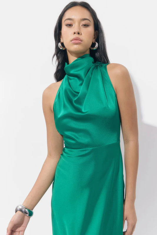 Jodie High Neck Satin Midi Dress Emerald