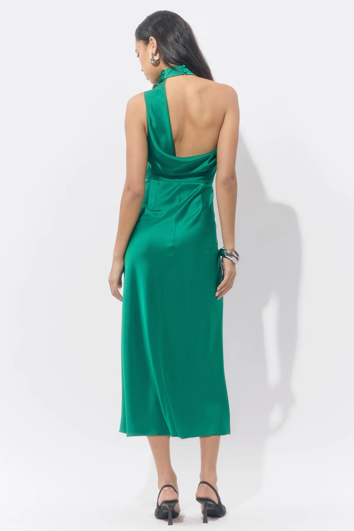 Jodie High Neck Satin Midi Dress Emerald