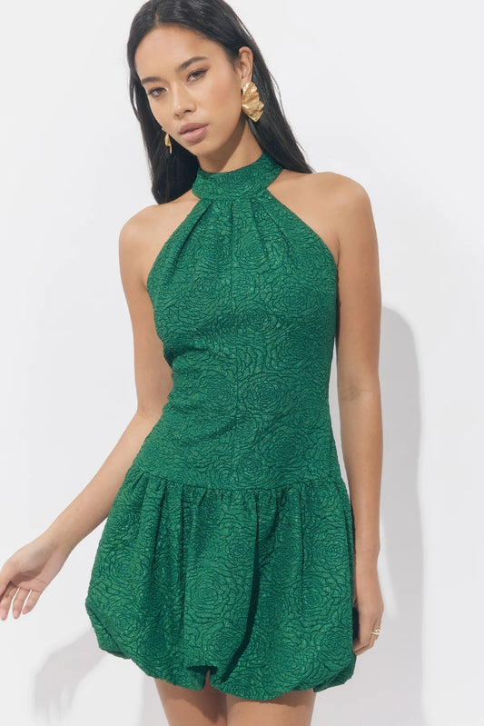 Tracois Textured Halter Bubble Mini Dress Emerald