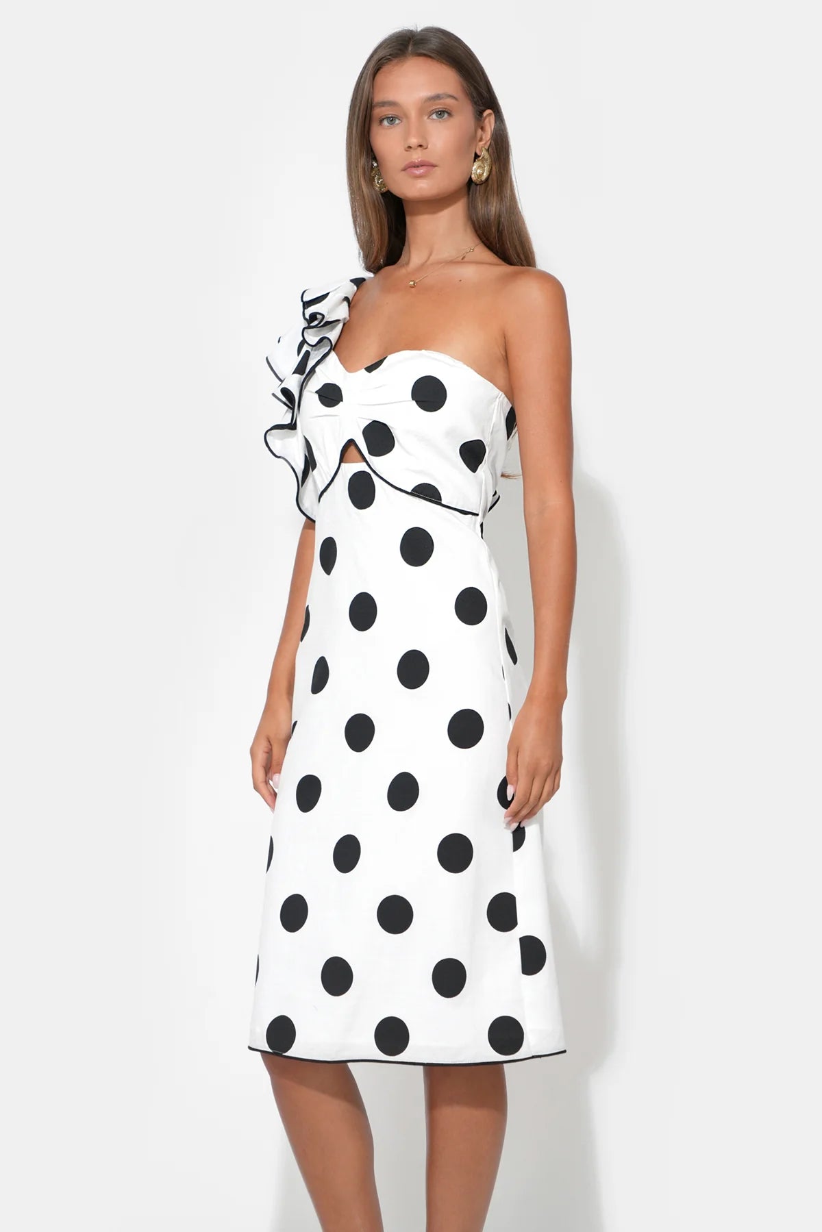 Cailyn One Shoulder Ruffle Linen Midi Dress