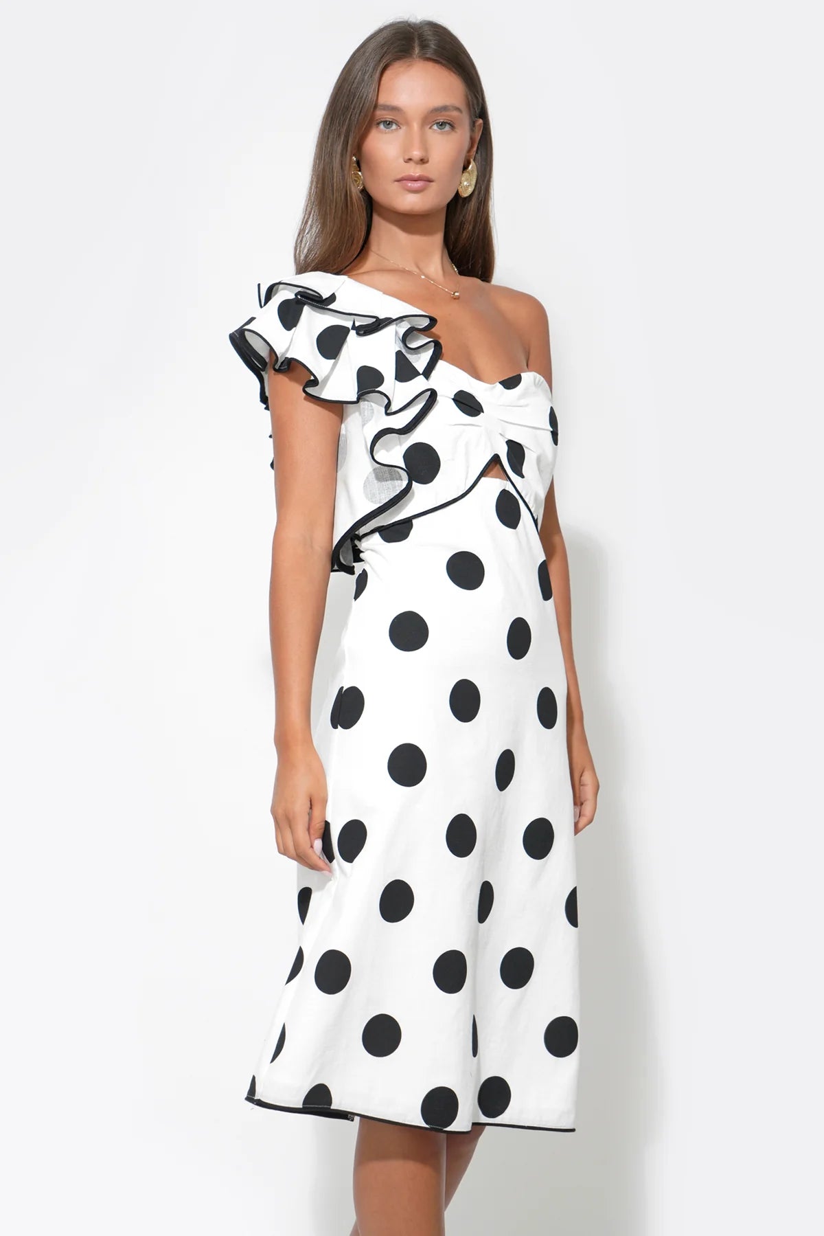 Cailyn One Shoulder Ruffle Linen Midi Dress