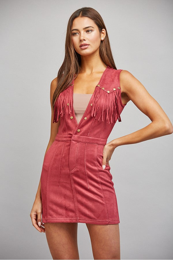 Faux Suede Fitted Dress Burgundy