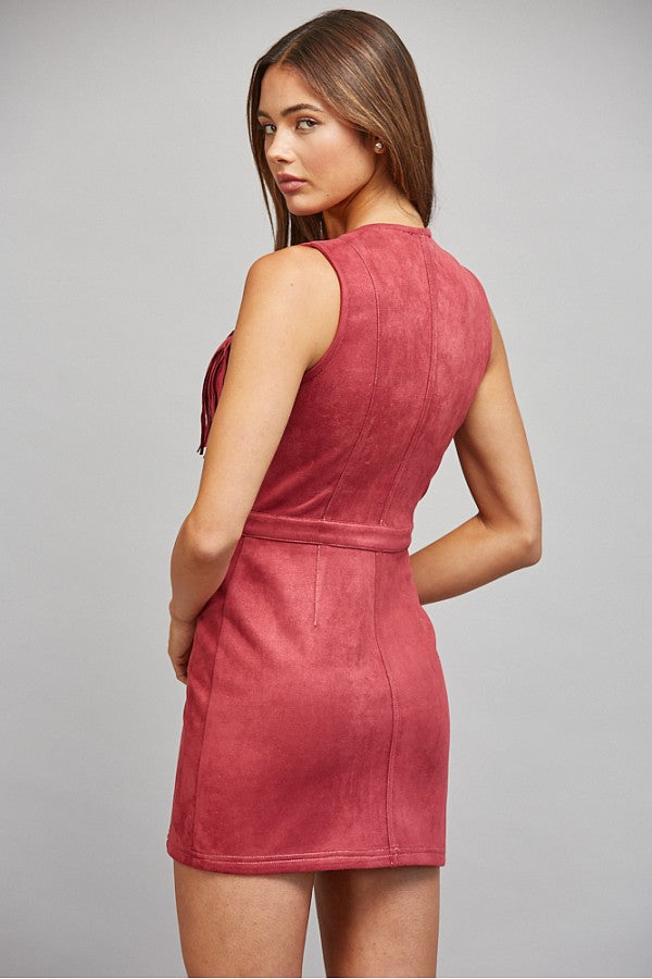 Faux Suede Fitted Dress Burgundy