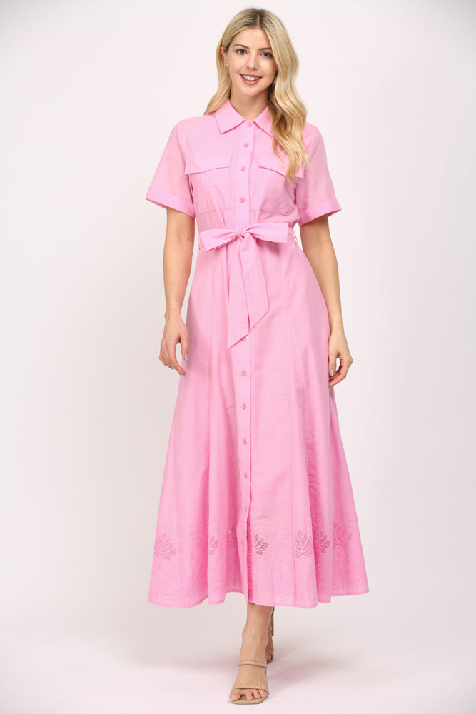 Embellished Hem Button Down Midi Shirt Dress Pink