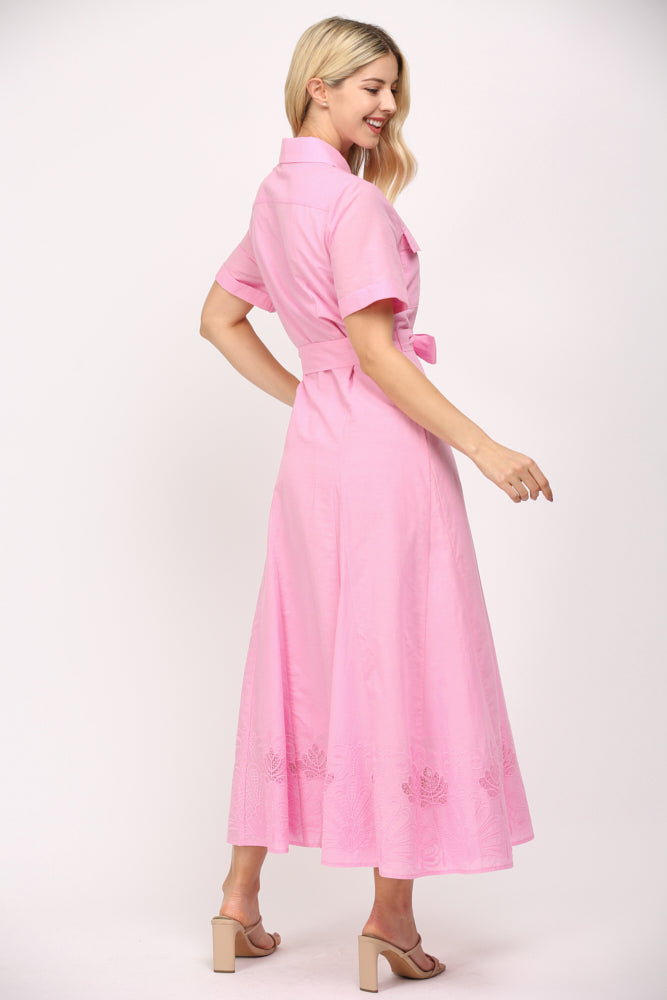 Embellished Hem Button Down Midi Shirt Dress Pink