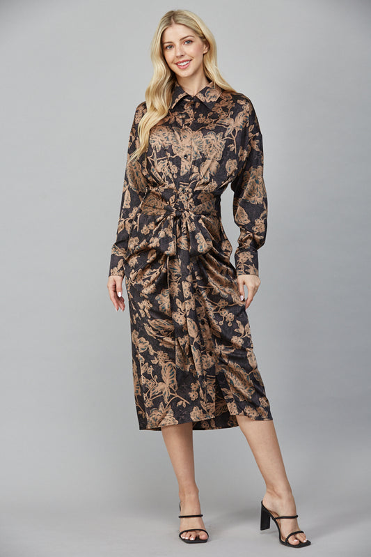 PRINT SATIN FRONT TIE MIDI DRESS Black Taupe