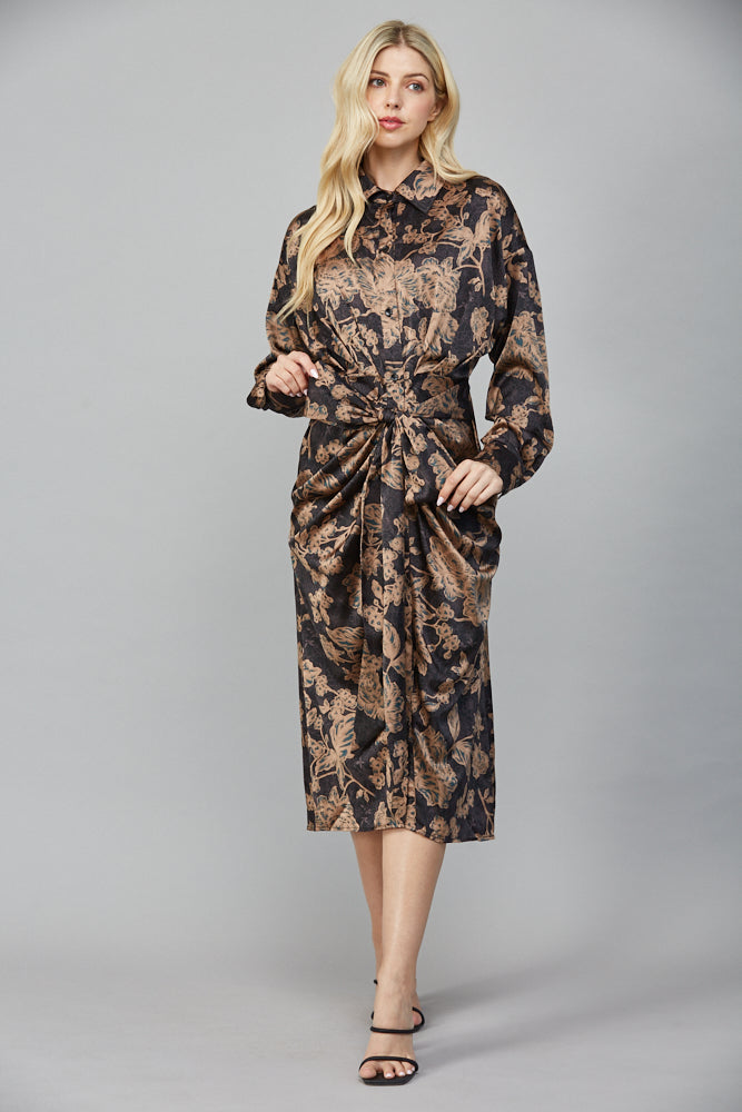 PRINT SATIN FRONT TIE MIDI DRESS Black Taupe