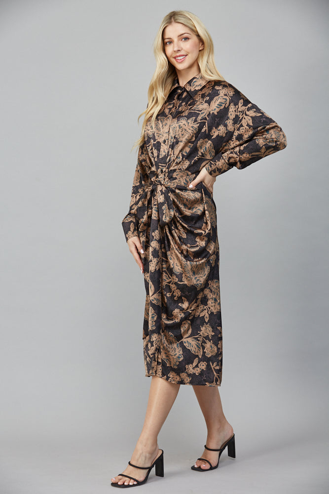 PRINT SATIN FRONT TIE MIDI DRESS Black Taupe