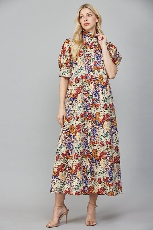 Floral Print Ruffled Stand Collar Dress