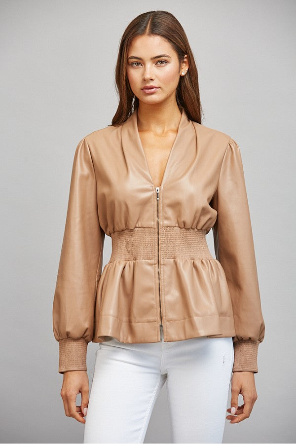 Faux Leather Peplin Zip up Top