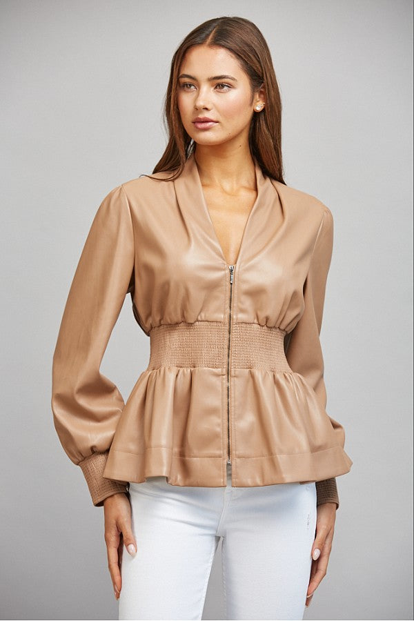Faux Leather Peplin Zip up Top