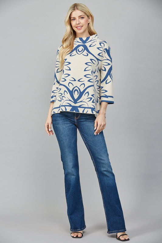 Cream Teal Jacquard Mock Neck Sweater