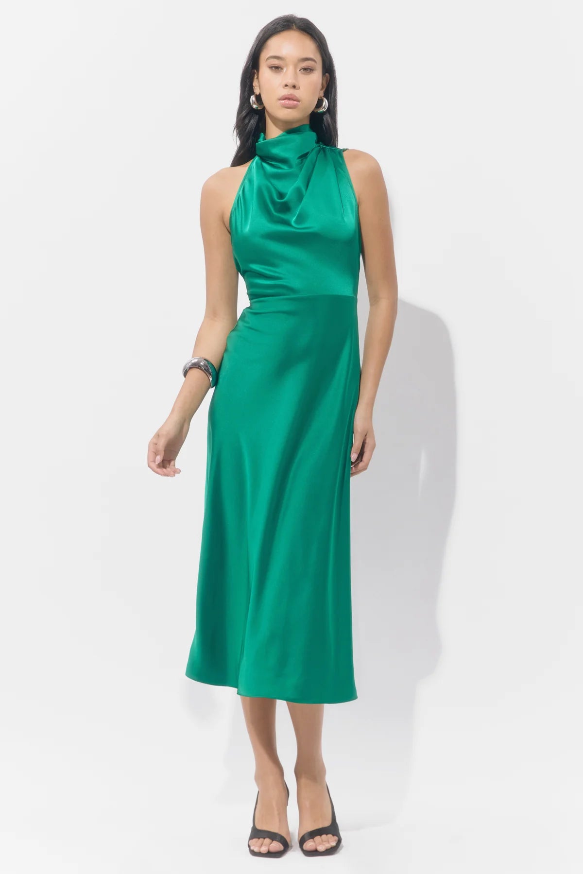 Jodie High Neck Satin Midi Dress Emerald
