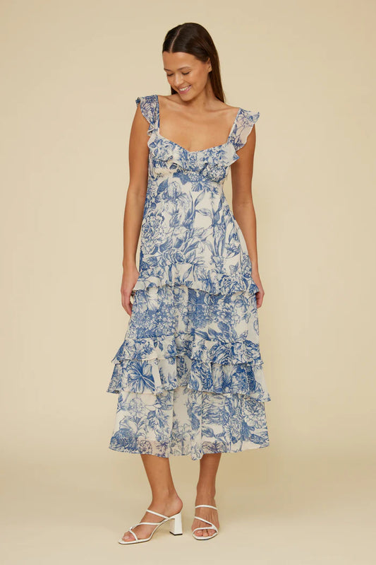 Blue Floral Tiered Maxi Dress