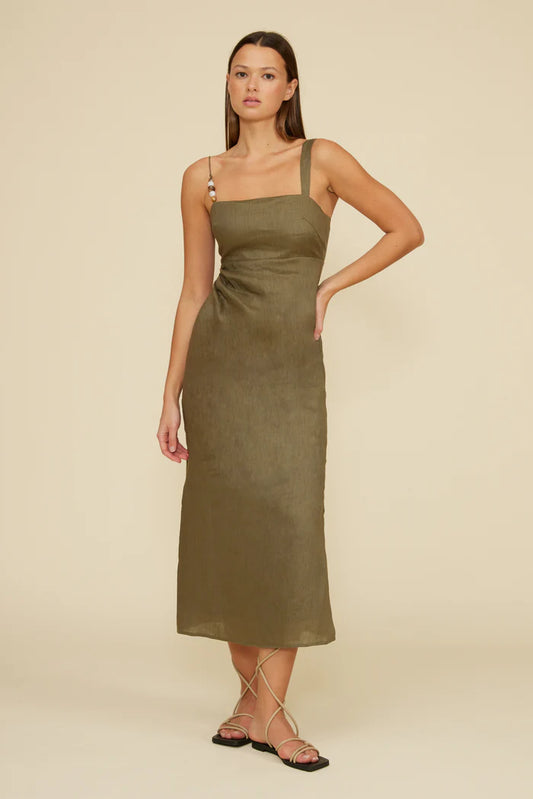 Lucy Paris Olive Linen Midi Dress with Bead Detail