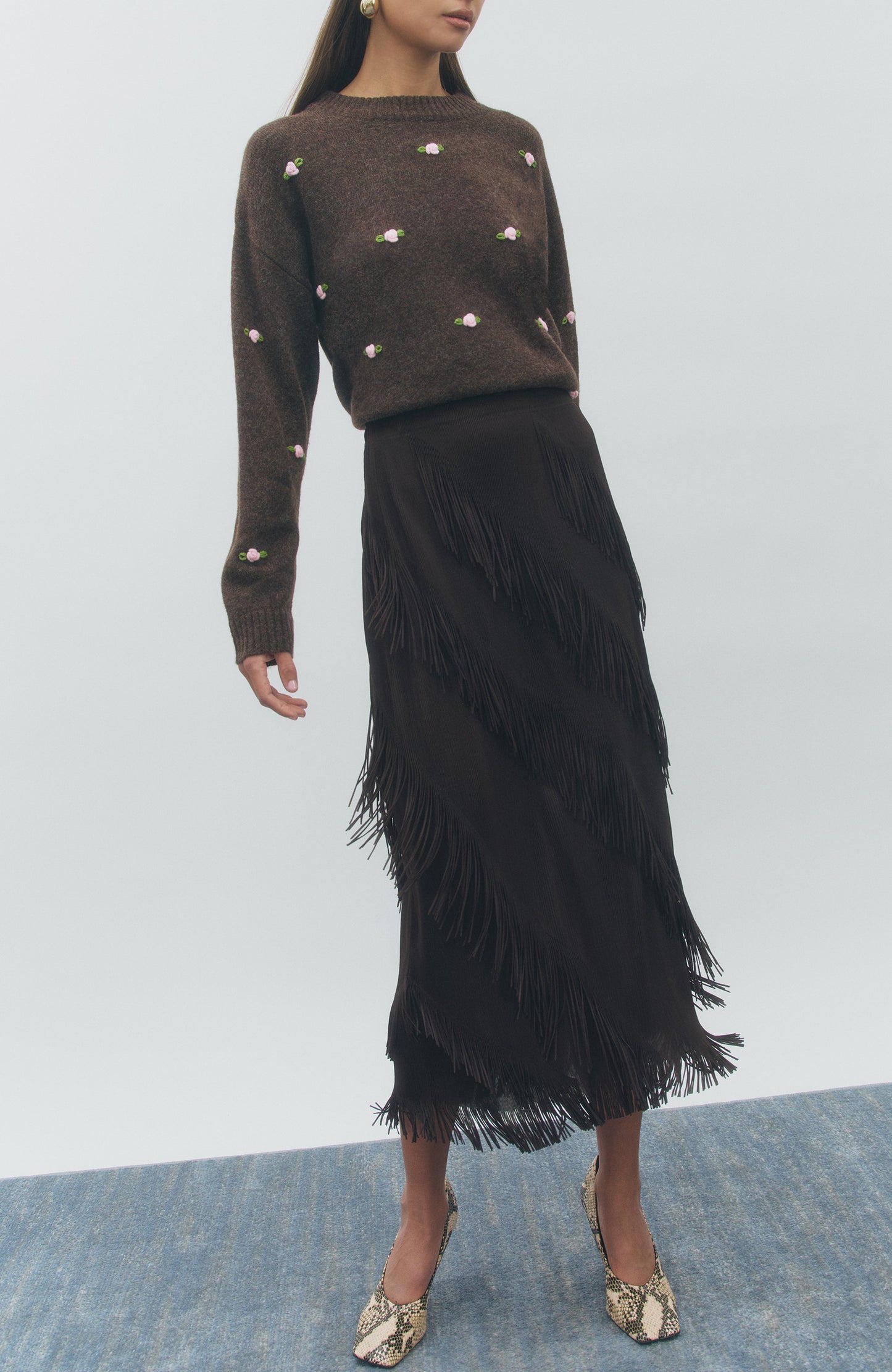 Maude Club Pencil Skirt with Fringe Brown