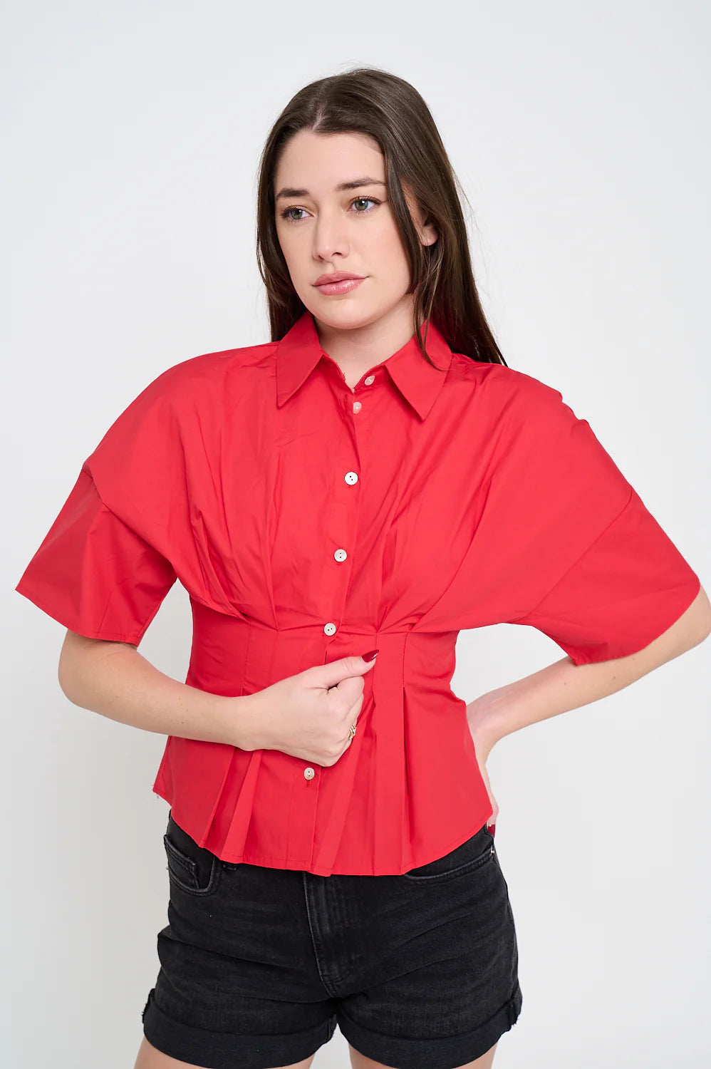 Meet Me in Santorini Red Poplin Pin Tucked Shirt