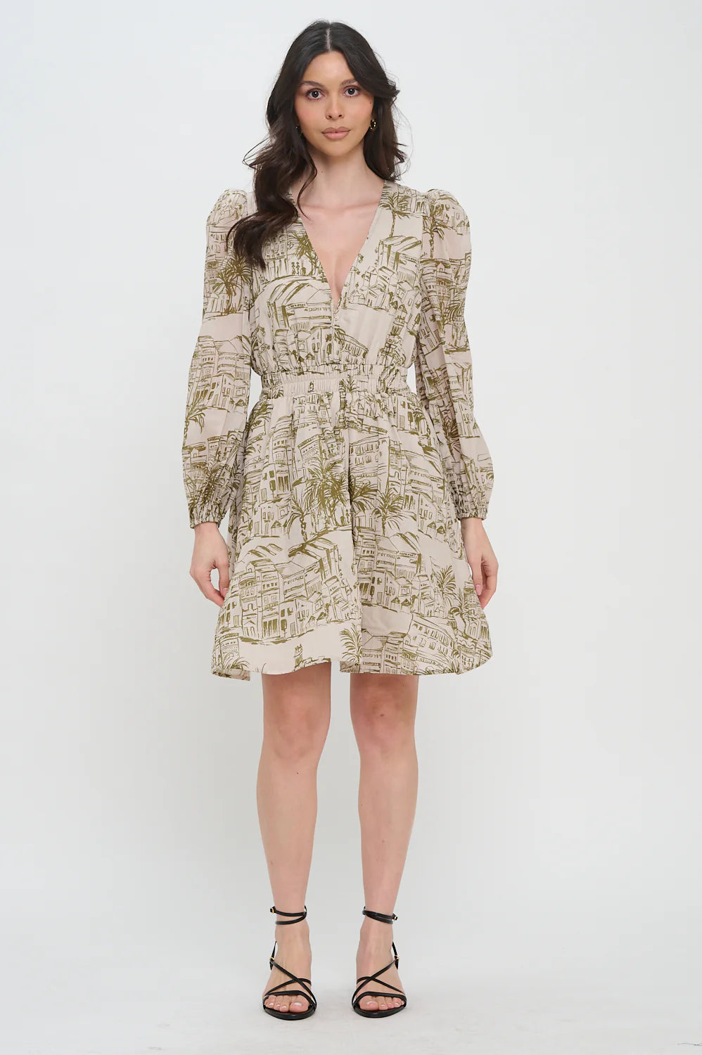 Meet me in Santorini Olive Sketch L/S Dress
