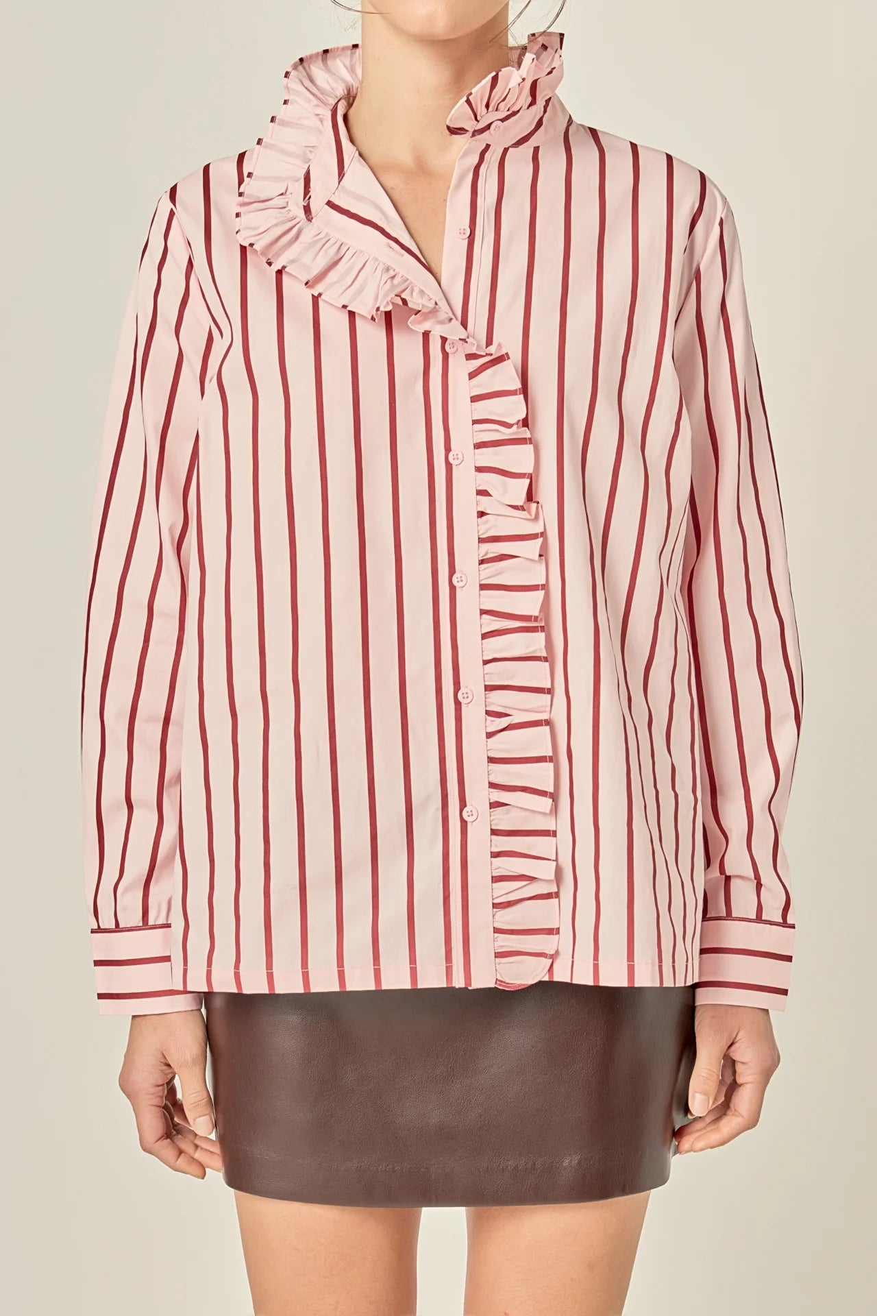 English Factory Striped Ruffled Shirt Pink/Burgundy
