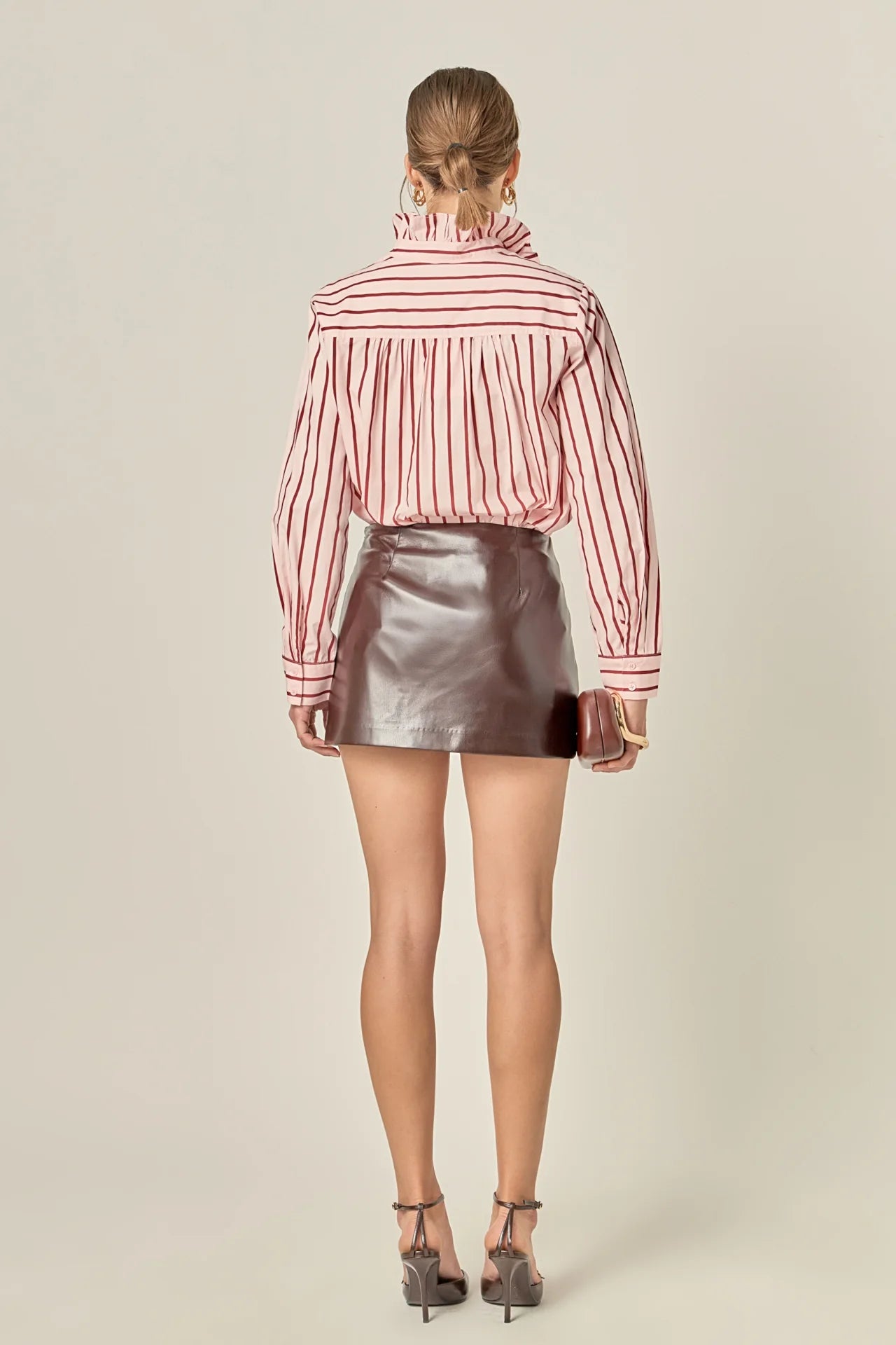 English Factory Striped Ruffled Shirt Pink/Burgundy