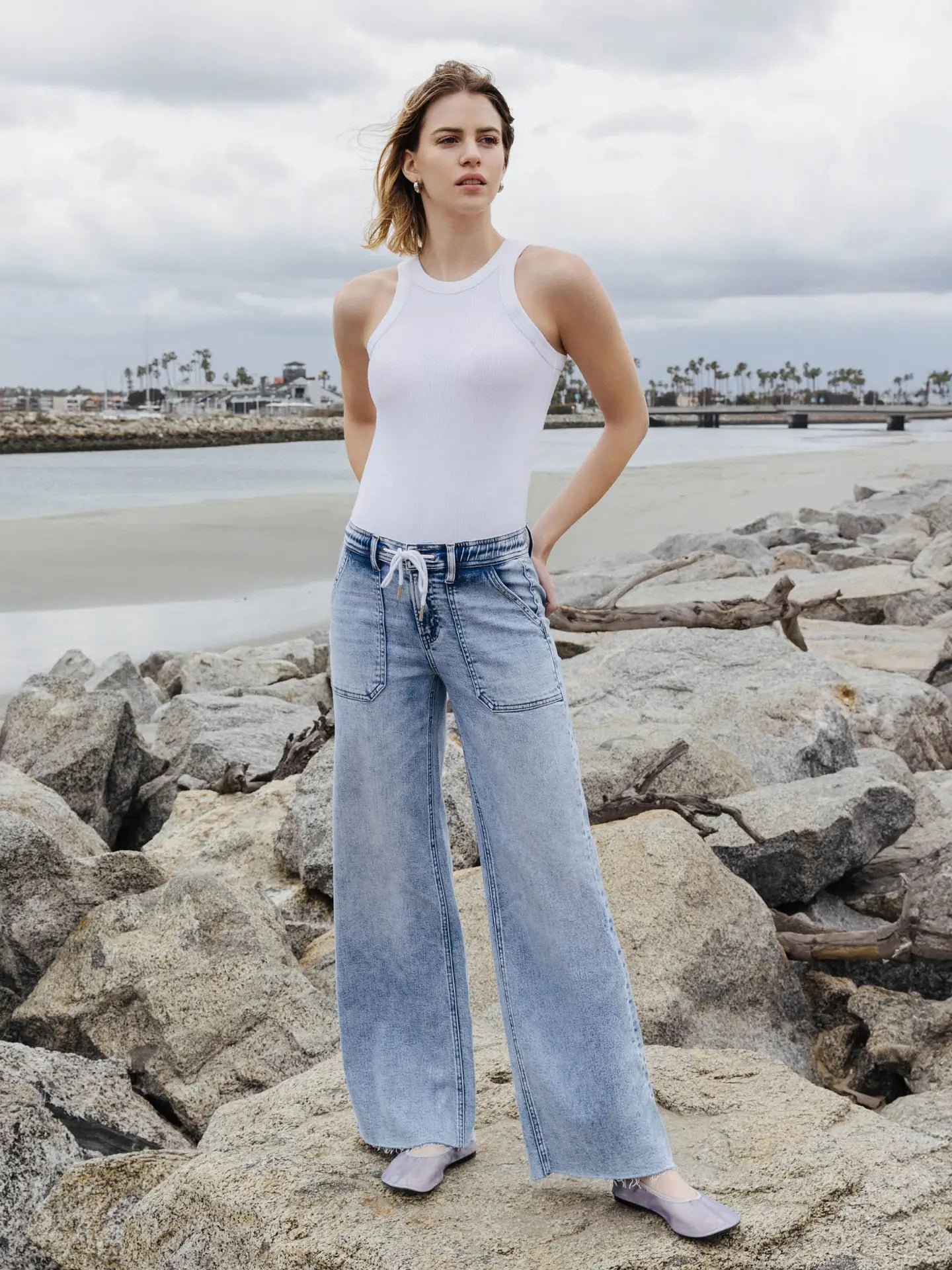 Flying Monkey Drawstring Waist Band Wide Leg Jean