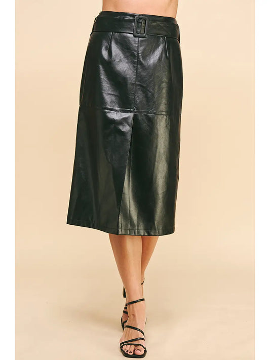 Belted PU Leather Midi Skirt