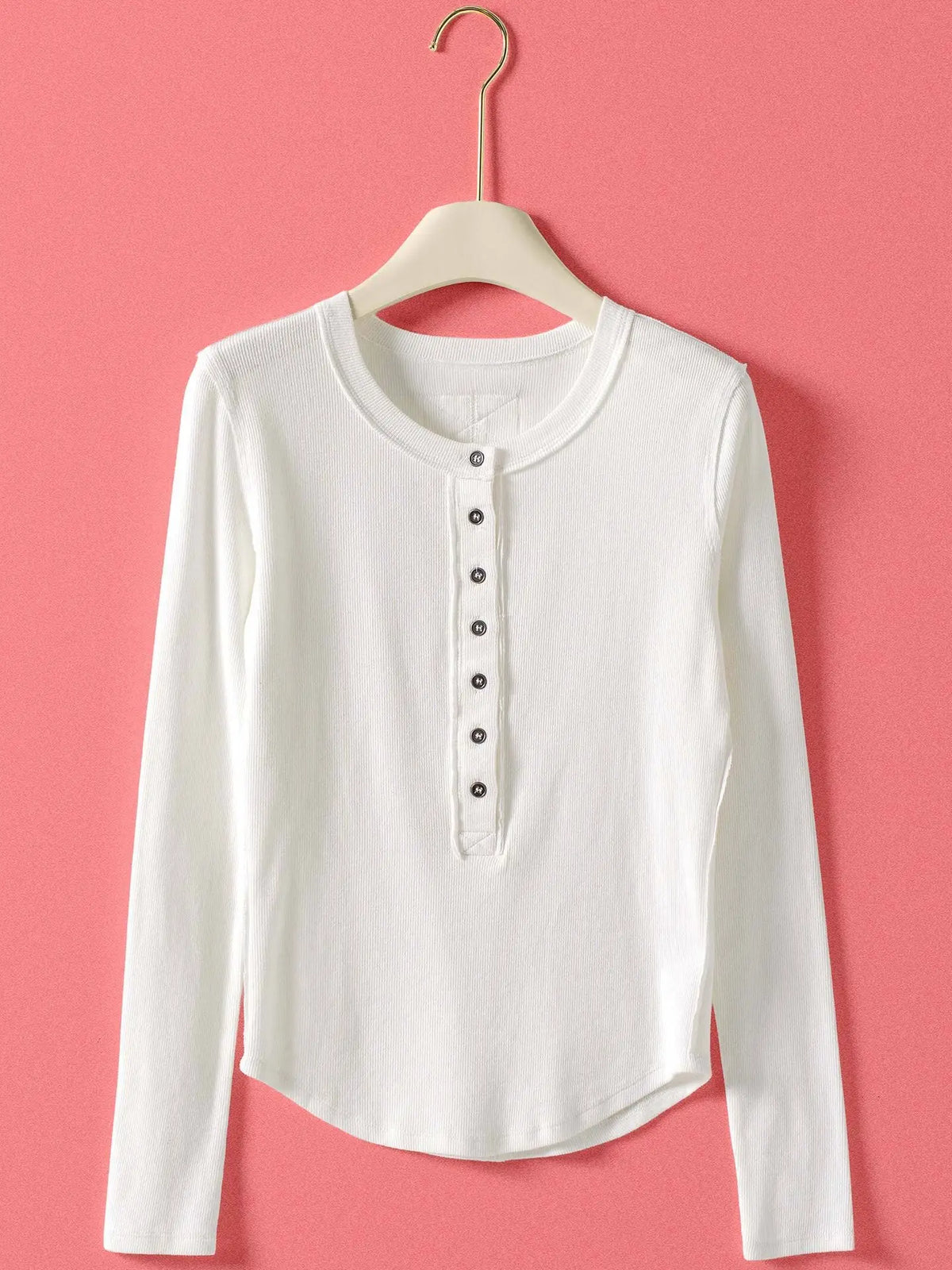 Ribbed Henley Long Sleeve Top Ivory