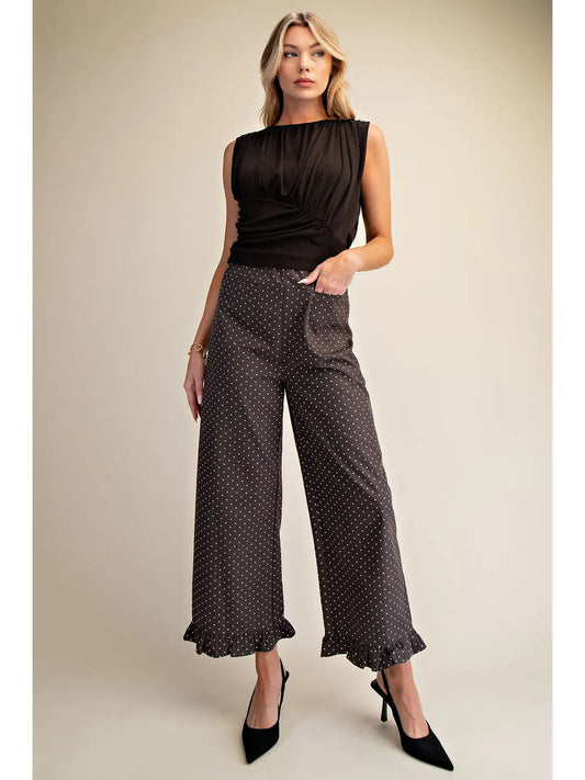 Cropped Ruffled Hem Wide Leg Pant Brown Dots