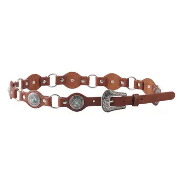 Thin Leather Concho Belt with Western Buckle Tan
