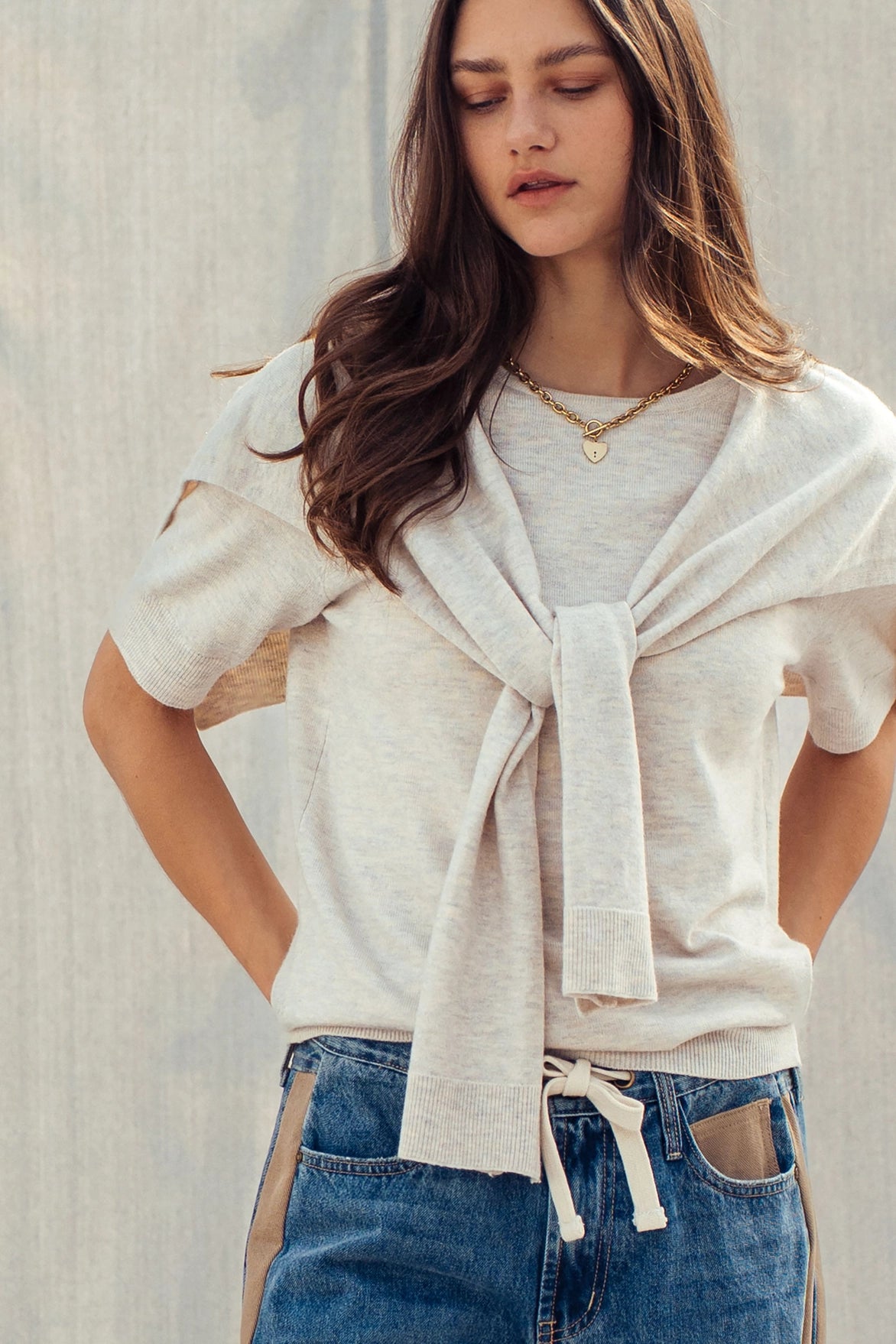Faux Layered Tie Front Knit Top Oatmeal
