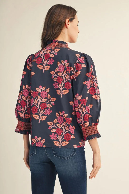 Puff Sleeve Floral Top with Embroidered Smocking