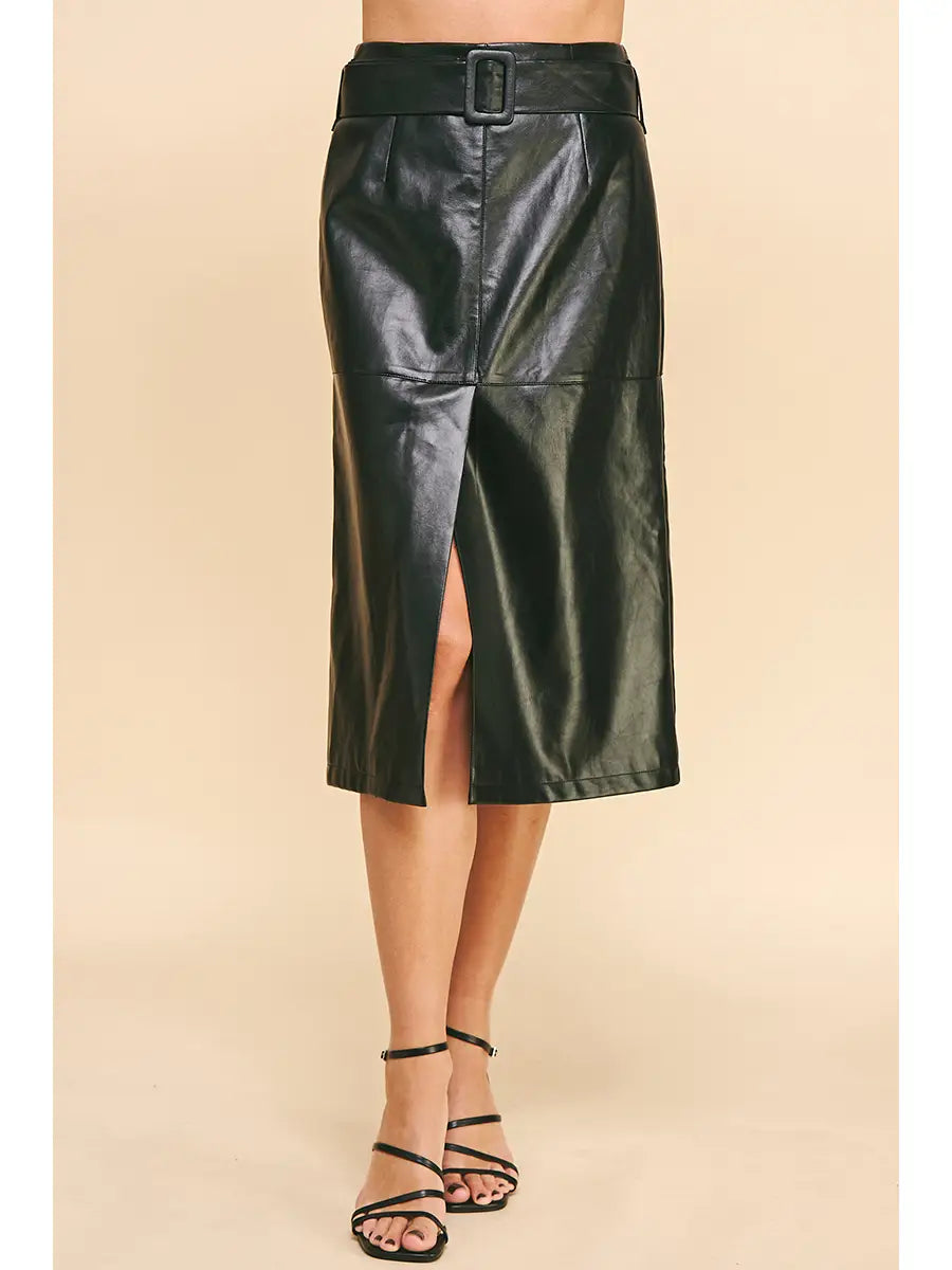Belted PU Leather Midi Skirt