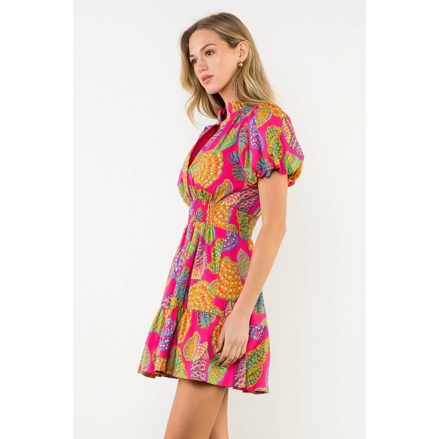 THML Smocked Waist Puff Sleeve Print Dress