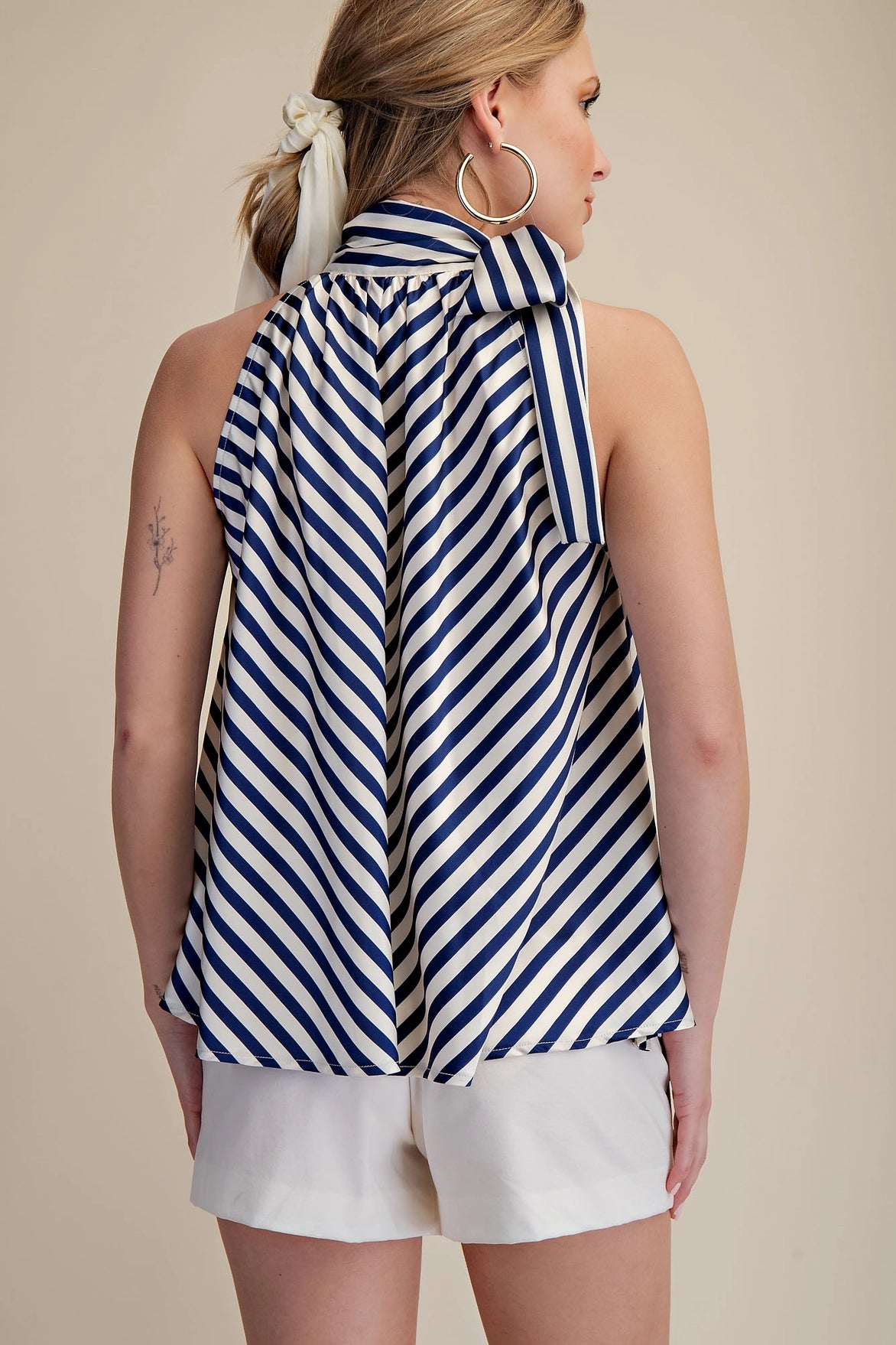 High Collar Tie Neck Stripe Top Navy