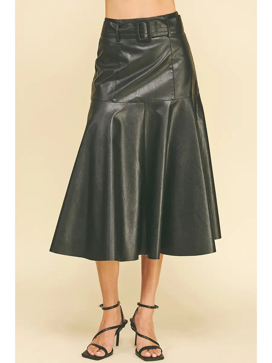 PU Leather Midi Skirt With belt