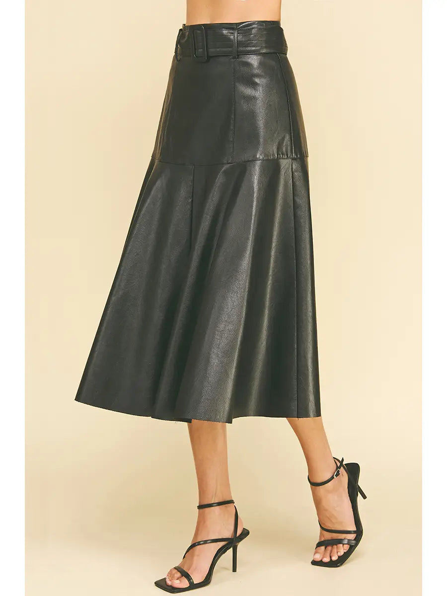 PU Leather Midi Skirt With belt