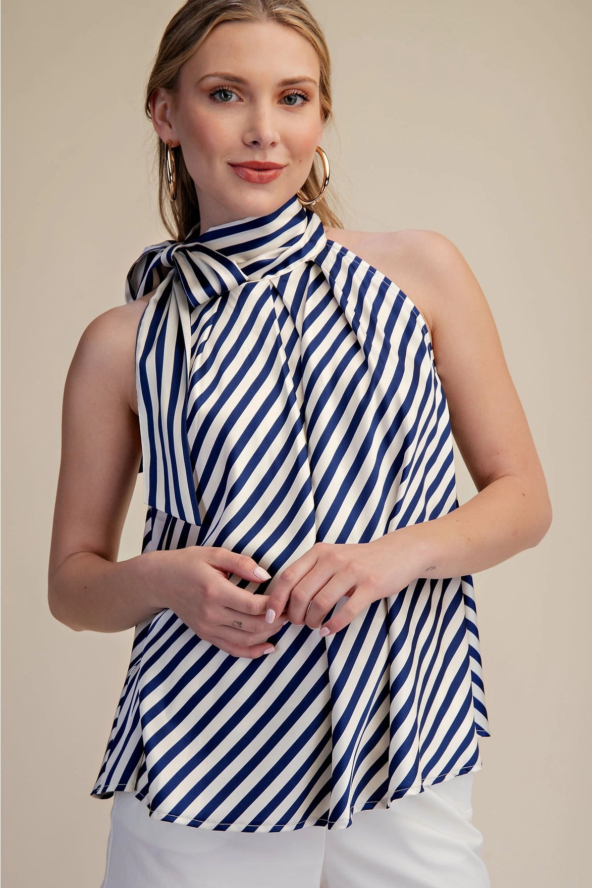 High Collar Tie Neck Stripe Top Navy