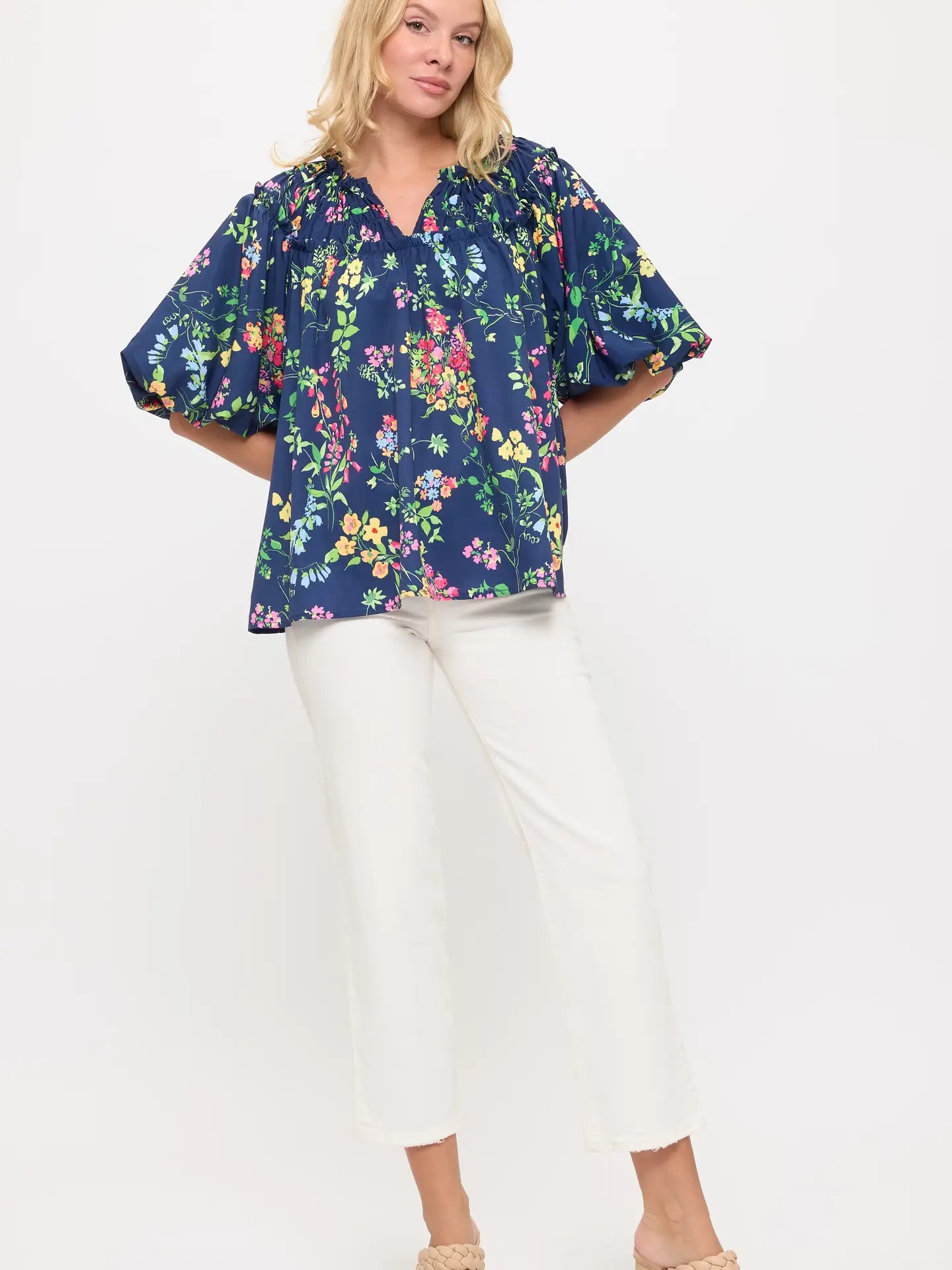 Floral V Neck Blouse Navy