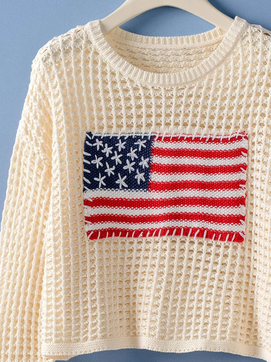 American Flag Patch Open Knit Cotton Sweater